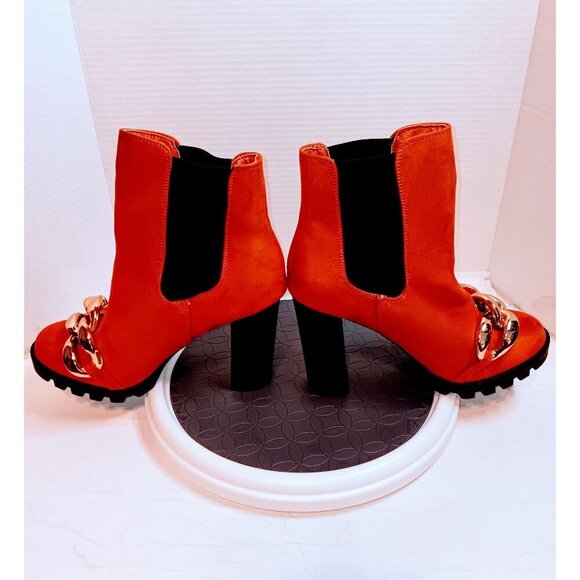 Dark Tan Heeled Ankle Boots With Gold Chain Embellishment Womens Size 9 - Picture 8 of 8